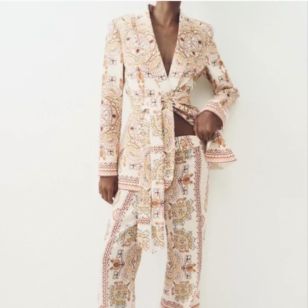 NEW! ZARA WOMAN PRINTED LINEN BLEND BLAZER + PANTS SET Size XS NWT! - Picture 4 of 15